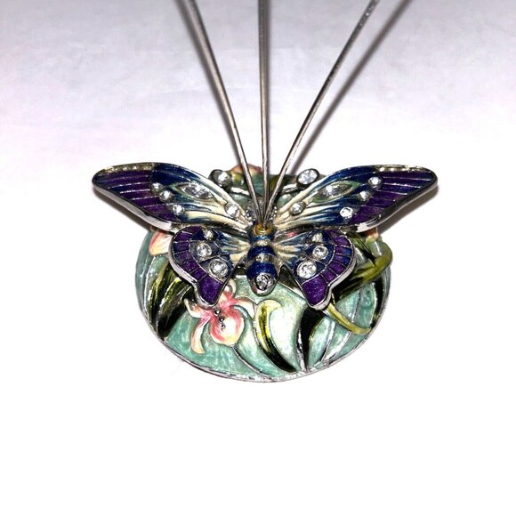 Enamel Butterfly Desk Card Photo Note Memo 8" Holder Floral Cloisonne Brass - Picture 4 of 7